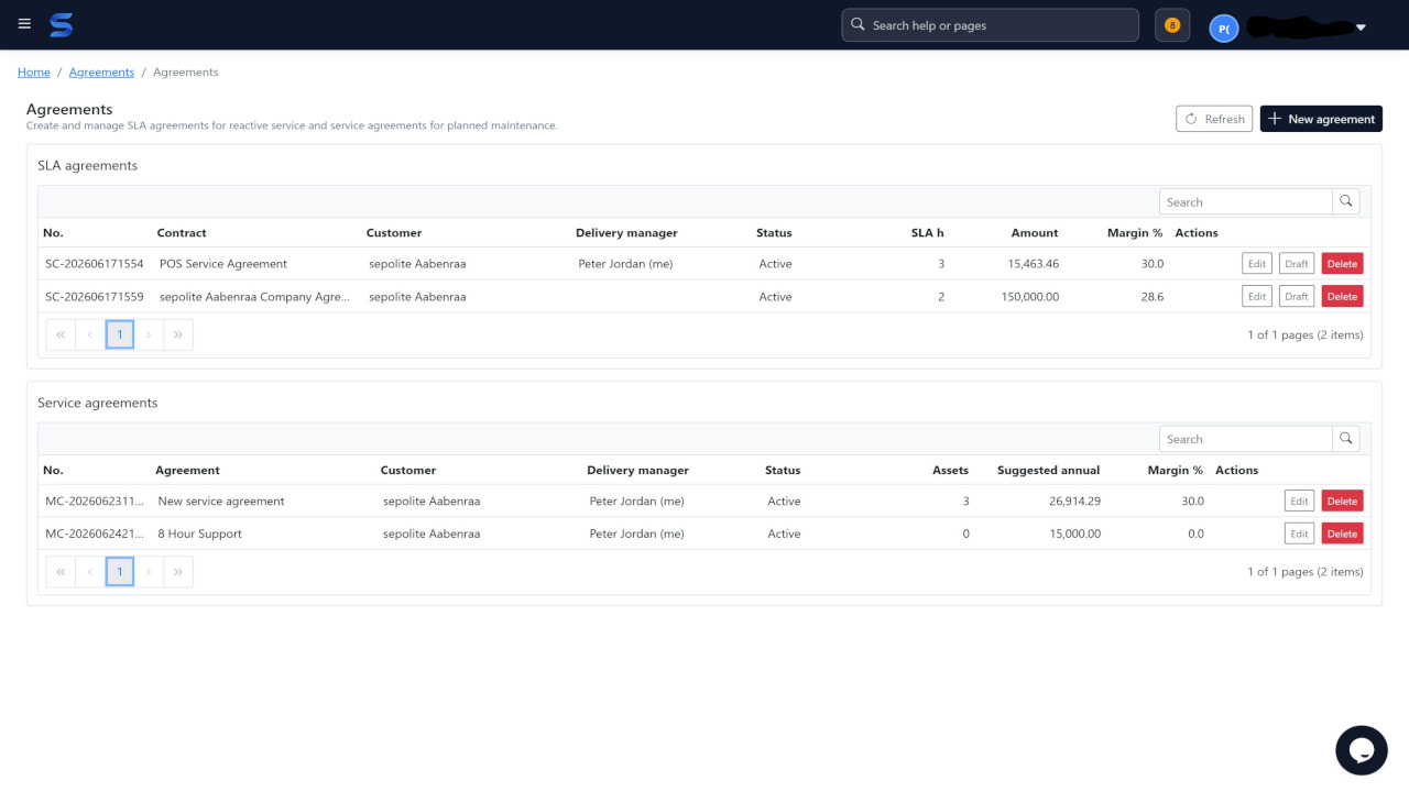 Sepolo service control center showing service calls, technicians and dispatch overview